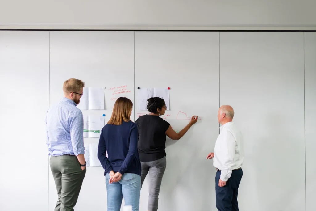 Reunião de trabalho com a equipe diante de um quadro com o plano de ação